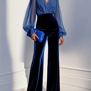 Blauwe mesh V-hals lange mouwen fluwelen jumpsuit